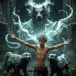 AI male art photos with a fantastical atmosphere. Imagine a Hogwarts School of Witchcraft student, from the Harry Potter series, a handsome, beautiful, and attractive, shirtless young teenage boy, standing firm against a threat. With a detailed Hogwarts castle background, casting a powerful spell, conjuring creatures based on their assigned house crest. From Demonic snakes, powerful lions, fierce badgers, or a murder of Crows. Dementors floating ominously in a cloudy sky, and sparks, shadows, and cinematic lighting, offering an otherworldly vibe.