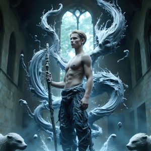 AI male art photos with a fantastical atmosphere. Imagine a Hogwarts School of Witchcraft student, from the Harry Potter series, a handsome, beautiful, and attractive, shirtless young teenage boy, standing firm against a threat. With a detailed Hogwarts castle background, casting a powerful spell, conjuring creatures based on their assigned house crest. From Demonic snakes, powerful lions, fierce badgers, or a murder of Crows. Dementors floating ominously in a cloudy sky, and sparks, shadows, and cinematic lighting, offering an otherworldly vibe.