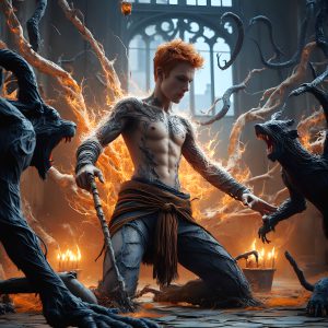 AI male art photos with a fantastical atmosphere. Imagine a Hogwarts School of Witchcraft student, from the Harry Potter series, a handsome, beautiful, and attractive, shirtless young teenage boy, standing firm against a threat. With a detailed Hogwarts castle background, casting a powerful spell, conjuring creatures based on their assigned house crest. From Demonic snakes, powerful lions, fierce badgers, or a murder of Crows. Dementors floating ominously in a cloudy sky, and sparks, shadows, and cinematic lighting, offering an otherworldly vibe.