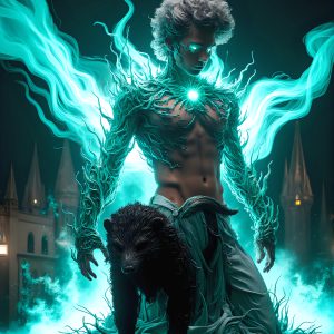 AI male art photos with a fantastical atmosphere. Imagine a Hogwarts School of Witchcraft student, from the Harry Potter series, a handsome, beautiful, and attractive, shirtless young teenage boy, standing firm against a threat. With a detailed Hogwarts castle background, casting a powerful spell, conjuring creatures based on their assigned house crest. From Demonic snakes, powerful lions, fierce badgers, or a murder of Crows. Dementors floating ominously in a cloudy sky, and sparks, shadows, and cinematic lighting, offering an otherworldly vibe.