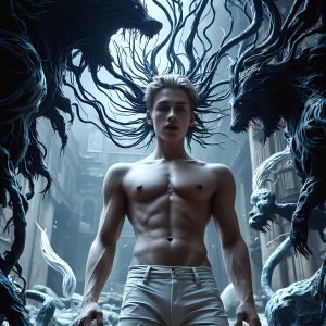 AI male art photos with a fantastical atmosphere. Imagine a Hogwarts School of Witchcraft student, from the Harry Potter series, a handsome, beautiful, and attractive, shirtless young teenage boy, standing firm against a threat. With a detailed Hogwarts castle background, casting a powerful spell, conjuring creatures based on their assigned house crest. From Demonic snakes, powerful lions, fierce badgers, or a murder of Crows. Dementors floating ominously in a cloudy sky, and sparks, shadows, and cinematic lighting, offering an otherworldly vibe.