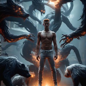 AI male art photos with a fantastical atmosphere. Imagine a Hogwarts School of Witchcraft student, from the Harry Potter series, a handsome, beautiful, and attractive, shirtless young teenage boy, standing firm against a threat. With a detailed Hogwarts castle background, casting a powerful spell, conjuring creatures based on their assigned house crest. From Demonic snakes, powerful lions, fierce badgers, or a murder of Crows. Dementors floating ominously in a cloudy sky, and sparks, shadows, and cinematic lighting, offering an otherworldly vibe.