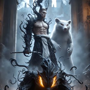 AI male art photos with a fantastical atmosphere. Imagine a Hogwarts School of Witchcraft student, from the Harry Potter series, a handsome, beautiful, and attractive, shirtless young teenage boy, standing firm against a threat. With a detailed Hogwarts castle background, casting a powerful spell, conjuring creatures based on their assigned house crest. From Demonic snakes, powerful lions, fierce badgers, or a murder of Crows. Dementors floating ominously in a cloudy sky, and sparks, shadows, and cinematic lighting, offering an otherworldly vibe.