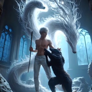 AI male art photos with a fantastical atmosphere. Imagine a Hogwarts School of Witchcraft student, from the Harry Potter series, a handsome, beautiful, and attractive, shirtless young teenage boy, standing firm against a threat. With a detailed Hogwarts castle background, casting a powerful spell, conjuring creatures based on their assigned house crest. From Demonic snakes, powerful lions, fierce badgers, or a murder of Crows. Dementors floating ominously in a cloudy sky, and sparks, shadows, and cinematic lighting, offering an otherworldly vibe.