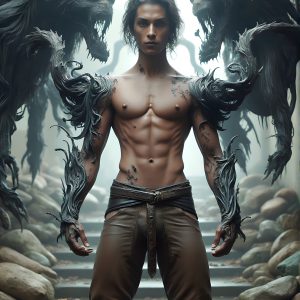 AI male art photos with a fantastical atmosphere. Imagine a Hogwarts School of Witchcraft student, from the Harry Potter series, a handsome, beautiful, and attractive, shirtless young teenage boy, standing firm against a threat. With a detailed Hogwarts castle background, casting a powerful spell, conjuring creatures based on their assigned house crest. From Demonic snakes, powerful lions, fierce badgers, or a murder of Crows. Dementors floating ominously in a cloudy sky, and sparks, shadows, and cinematic lighting, offering an otherworldly vibe.