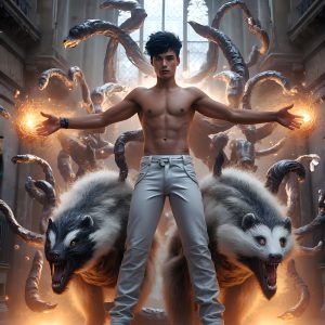 AI male art photos with a fantastical atmosphere. Imagine a Hogwarts School of Witchcraft student, from the Harry Potter series, a handsome, beautiful, and attractive, shirtless young teenage boy, standing firm against a threat. With a detailed Hogwarts castle background, casting a powerful spell, conjuring creatures based on their assigned house crest. From Demonic snakes, powerful lions, fierce badgers, or a murder of Crows. Dementors floating ominously in a cloudy sky, and sparks, shadows, and cinematic lighting, offering an otherworldly vibe.