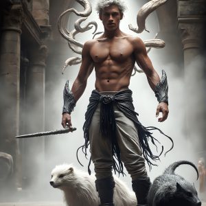 AI male art photos with a fantastical atmosphere. Imagine a Hogwarts School of Witchcraft student, from the Harry Potter series, a handsome, beautiful, and attractive, shirtless young teenage boy, standing firm against a threat. With a detailed Hogwarts castle background, casting a powerful spell, conjuring creatures based on their assigned house crest. From Demonic snakes, powerful lions, fierce badgers, or a murder of Crows. Dementors floating ominously in a cloudy sky, and sparks, shadows, and cinematic lighting, offering an otherworldly vibe.