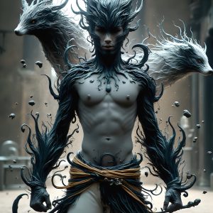 AI male art photos with a fantastical atmosphere. Imagine a Hogwarts School of Witchcraft student, from the Harry Potter series, a handsome, beautiful, and attractive, shirtless young teenage boy, standing firm against a threat. With a detailed Hogwarts castle background, casting a powerful spell, conjuring creatures based on their assigned house crest. From Demonic snakes, powerful lions, fierce badgers, or a murder of Crows. Dementors floating ominously in a cloudy sky, and sparks, shadows, and cinematic lighting, offering an otherworldly vibe.