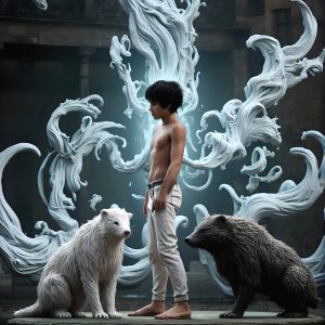 AI male art photos with a fantastical atmosphere. Imagine a Hogwarts School of Witchcraft student, from the Harry Potter series, a handsome, beautiful, and attractive, shirtless young teenage boy, standing firm against a threat. With a detailed Hogwarts castle background, casting a powerful spell, conjuring creatures based on their assigned house crest. From Demonic snakes, powerful lions, fierce badgers, or a murder of Crows. Dementors floating ominously in a cloudy sky, and sparks, shadows, and cinematic lighting, offering an otherworldly vibe.