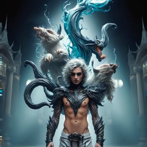 AI male art photos with a fantastical atmosphere. Imagine a Hogwarts School of Witchcraft student, from the Harry Potter series, a handsome, beautiful, and attractive, shirtless young teenage boy, standing firm against a threat. With a detailed Hogwarts castle background, casting a powerful spell, conjuring creatures based on their assigned house crest. From Demonic snakes, powerful lions, fierce badgers, or a murder of Crows. Dementors floating ominously in a cloudy sky, and sparks, shadows, and cinematic lighting, offering an otherworldly vibe.