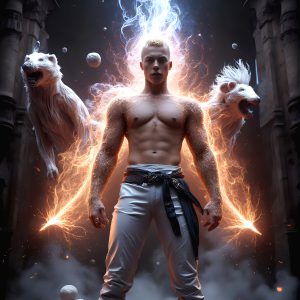 AI male art photos with a fantastical atmosphere. Imagine a Hogwarts School of Witchcraft student, from the Harry Potter series, a handsome, beautiful, and attractive, shirtless young teenage boy, standing firm against a threat. With a detailed Hogwarts castle background, casting a powerful spell, conjuring creatures based on their assigned house crest. From Demonic snakes, powerful lions, fierce badgers, or a murder of Crows. Dementors floating ominously in a cloudy sky, and sparks, shadows, and cinematic lighting, offering an otherworldly vibe.