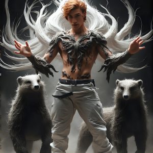 AI male art photos with a fantastical atmosphere. Imagine a Hogwarts School of Witchcraft student, from the Harry Potter series, a handsome, beautiful, and attractive, shirtless young teenage boy, standing firm against a threat. With a detailed Hogwarts castle background, casting a powerful spell, conjuring creatures based on their assigned house crest. From Demonic snakes, powerful lions, fierce badgers, or a murder of Crows. Dementors floating ominously in a cloudy sky, and sparks, shadows, and cinematic lighting, offering an otherworldly vibe.