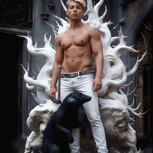 AI male art photos with a fantastical atmosphere. Imagine a Hogwarts School of Witchcraft student, from the Harry Potter series, a handsome, beautiful, and attractive, shirtless young teenage boy, standing firm against a threat. With a detailed Hogwarts castle background, casting a powerful spell, conjuring creatures based on their assigned house crest. From Demonic snakes, powerful lions, fierce badgers, or a murder of Crows. Dementors floating ominously in a cloudy sky, and sparks, shadows, and cinematic lighting, offering an otherworldly vibe.