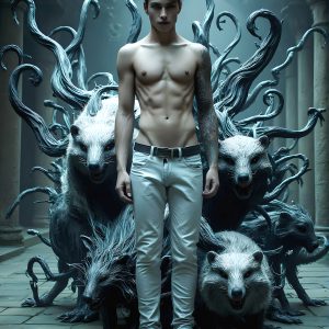 AI male art photos with a fantastical atmosphere. Imagine a Hogwarts School of Witchcraft student, from the Harry Potter series, a handsome, beautiful, and attractive, shirtless young teenage boy, standing firm against a threat. With a detailed Hogwarts castle background, casting a powerful spell, conjuring creatures based on their assigned house crest. From Demonic snakes, powerful lions, fierce badgers, or a murder of Crows. Dementors floating ominously in a cloudy sky, and sparks, shadows, and cinematic lighting, offering an otherworldly vibe.