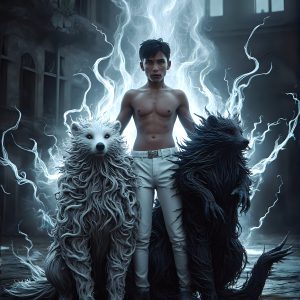 AI male art photos with a fantastical atmosphere. Imagine a Hogwarts School of Witchcraft student, from the Harry Potter series, a handsome, beautiful, and attractive, shirtless young teenage boy, standing firm against a threat. With a detailed Hogwarts castle background, casting a powerful spell, conjuring creatures based on their assigned house crest. From Demonic snakes, powerful lions, fierce badgers, or a murder of Crows. Dementors floating ominously in a cloudy sky, and sparks, shadows, and cinematic lighting, offering an otherworldly vibe.