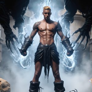 AI male art photos with a fantastical atmosphere. Imagine a Hogwarts School of Witchcraft student, from the Harry Potter series, a handsome, beautiful, and attractive, shirtless young teenage boy, standing firm against a threat. With a detailed Hogwarts castle background, casting a powerful spell, conjuring creatures based on their assigned house crest. From Demonic snakes, powerful lions, fierce badgers, or a murder of Crows. Dementors floating ominously in a cloudy sky, and sparks, shadows, and cinematic lighting, offering an otherworldly vibe.