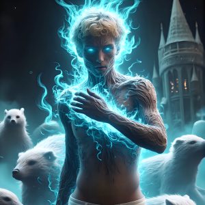 AI male art photos with a fantastical atmosphere. Imagine a Hogwarts School of Witchcraft student, from the Harry Potter series, a handsome, beautiful, and attractive, shirtless young teenage boy, standing firm against a threat. With a detailed Hogwarts castle background, casting a powerful spell, conjuring creatures based on their assigned house crest. From Demonic snakes, powerful lions, fierce badgers, or a murder of Crows. Dementors floating ominously in a cloudy sky, and sparks, shadows, and cinematic lighting, offering an otherworldly vibe.