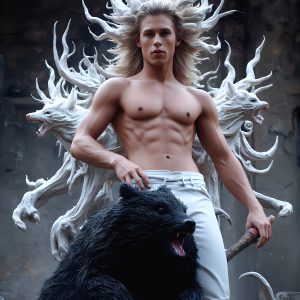 AI male art photos with a fantastical atmosphere. Imagine a Hogwarts School of Witchcraft student, from the Harry Potter series, a handsome, beautiful, and attractive, shirtless young teenage boy, standing firm against a threat. With a detailed Hogwarts castle background, casting a powerful spell, conjuring creatures based on their assigned house crest. From Demonic snakes, powerful lions, fierce badgers, or a murder of Crows. Dementors floating ominously in a cloudy sky, and sparks, shadows, and cinematic lighting, offering an otherworldly vibe.