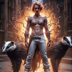 AI male art photos with a fantastical atmosphere. Imagine a Hogwarts School of Witchcraft student, from the Harry Potter series, a handsome, beautiful, and attractive, shirtless young teenage boy, standing firm against a threat. With a detailed Hogwarts castle background, casting a powerful spell, conjuring creatures based on their assigned house crest. From Demonic snakes, powerful lions, fierce badgers, or a murder of Crows. Dementors floating ominously in a cloudy sky, and sparks, shadows, and cinematic lighting, offering an otherworldly vibe.