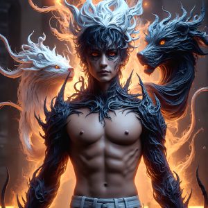 AI male art photos with a fantastical atmosphere. Imagine a Hogwarts School of Witchcraft student, from the Harry Potter series, a handsome, beautiful, and attractive, shirtless young teenage boy, standing firm against a threat. With a detailed Hogwarts castle background, casting a powerful spell, conjuring creatures based on their assigned house crest. From Demonic snakes, powerful lions, fierce badgers, or a murder of Crows. Dementors floating ominously in a cloudy sky, and sparks, shadows, and cinematic lighting, offering an otherworldly vibe.