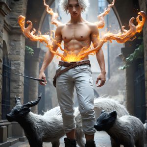 AI male art photos with a fantastical atmosphere. Imagine a Hogwarts School of Witchcraft student, from the Harry Potter series, a handsome, beautiful, and attractive, shirtless young teenage boy, standing firm against a threat. With a detailed Hogwarts castle background, casting a powerful spell, conjuring creatures based on their assigned house crest. From Demonic snakes, powerful lions, fierce badgers, or a murder of Crows. Dementors floating ominously in a cloudy sky, and sparks, shadows, and cinematic lighting, offering an otherworldly vibe.