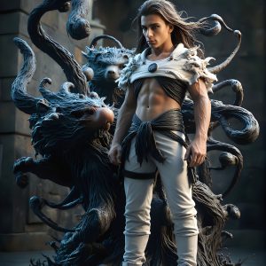 AI male art photos with a fantastical atmosphere. Imagine a Hogwarts School of Witchcraft student, from the Harry Potter series, a handsome, beautiful, and attractive, shirtless young teenage boy, standing firm against a threat. With a detailed Hogwarts castle background, casting a powerful spell, conjuring creatures based on their assigned house crest. From Demonic snakes, powerful lions, fierce badgers, or a murder of Crows. Dementors floating ominously in a cloudy sky, and sparks, shadows, and cinematic lighting, offering an otherworldly vibe.