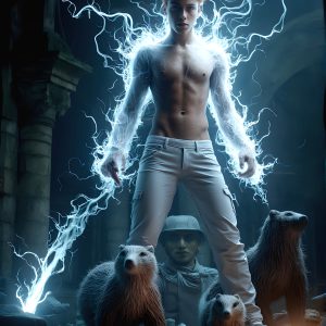 AI male art photos with a fantastical atmosphere. Imagine a Hogwarts School of Witchcraft student, from the Harry Potter series, a handsome, beautiful, and attractive, shirtless young teenage boy, standing firm against a threat. With a detailed Hogwarts castle background, casting a powerful spell, conjuring creatures based on their assigned house crest. From Demonic snakes, powerful lions, fierce badgers, or a murder of Crows. Dementors floating ominously in a cloudy sky, and sparks, shadows, and cinematic lighting, offering an otherworldly vibe.