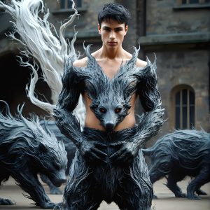 AI male art photos with a fantastical atmosphere. Imagine a Hogwarts School of Witchcraft student, from the Harry Potter series, a handsome, beautiful, and attractive, shirtless young teenage boy, standing firm against a threat. With a detailed Hogwarts castle background, casting a powerful spell, conjuring creatures based on their assigned house crest. From Demonic snakes, powerful lions, fierce badgers, or a murder of Crows. Dementors floating ominously in a cloudy sky, and sparks, shadows, and cinematic lighting, offering an otherworldly vibe.