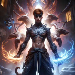 AI male art photos with a fantastical atmosphere. Imagine a Hogwarts School of Witchcraft student, from the Harry Potter series, a handsome, beautiful, and attractive, shirtless young teenage boy, standing firm against a threat. With a detailed Hogwarts castle background, casting a powerful spell, conjuring creatures based on their assigned house crest. From Demonic snakes, powerful lions, fierce badgers, or a murder of Crows. Dementors floating ominously in a cloudy sky, and sparks, shadows, and cinematic lighting, offering an otherworldly vibe.