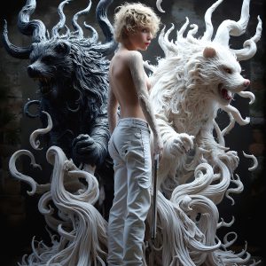 AI male art photos with a fantastical atmosphere. Imagine a Hogwarts School of Witchcraft student, from the Harry Potter series, a handsome, beautiful, and attractive, shirtless young teenage boy, standing firm against a threat. With a detailed Hogwarts castle background, casting a powerful spell, conjuring creatures based on their assigned house crest. From Demonic snakes, powerful lions, fierce badgers, or a murder of Crows. Dementors floating ominously in a cloudy sky, and sparks, shadows, and cinematic lighting, offering an otherworldly vibe.