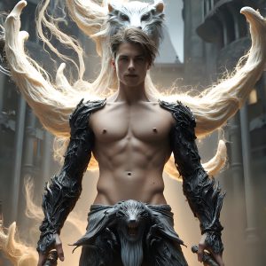 AI male art photos with a fantastical atmosphere. Imagine a Hogwarts School of Witchcraft student, from the Harry Potter series, a handsome, beautiful, and attractive, shirtless young teenage boy, standing firm against a threat. With a detailed Hogwarts castle background, casting a powerful spell, conjuring creatures based on their assigned house crest. From Demonic snakes, powerful lions, fierce badgers, or a murder of Crows. Dementors floating ominously in a cloudy sky, and sparks, shadows, and cinematic lighting, offering an otherworldly vibe.