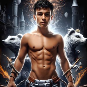 AI male art photos with a fantastical atmosphere. Imagine a Hogwarts School of Witchcraft student, from the Harry Potter series, a handsome, beautiful, and attractive, shirtless young teenage boy, standing firm against a threat. With a detailed Hogwarts castle background, casting a powerful spell, conjuring creatures based on their assigned house crest. From Demonic snakes, powerful lions, fierce badgers, or a murder of Crows. Dementors floating ominously in a cloudy sky, and sparks, shadows, and cinematic lighting, offering an otherworldly vibe.