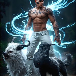 AI male art photos with a fantastical atmosphere. Imagine a Hogwarts School of Witchcraft student, from the Harry Potter series, a handsome, beautiful, and attractive, shirtless young teenage boy, standing firm against a threat. With a detailed Hogwarts castle background, casting a powerful spell, conjuring creatures based on their assigned house crest. From Demonic snakes, powerful lions, fierce badgers, or a murder of Crows. Dementors floating ominously in a cloudy sky, and sparks, shadows, and cinematic lighting, offering an otherworldly vibe.