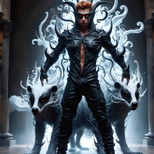 AI male art photos with a fantastical atmosphere. Imagine a Hogwarts School of Witchcraft student, from the Harry Potter series, a handsome, beautiful, and attractive, shirtless young teenage boy, standing firm against a threat. With a detailed Hogwarts castle background, casting a powerful spell, conjuring creatures based on their assigned house crest. From Demonic snakes, powerful lions, fierce badgers, or a murder of Crows. Dementors floating ominously in a cloudy sky, and sparks, shadows, and cinematic lighting, offering an otherworldly vibe.