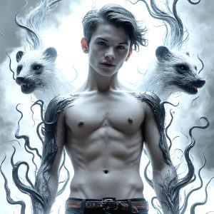 AI male art photos with a fantastical atmosphere. Imagine a Hogwarts School of Witchcraft student, from the Harry Potter series, a handsome, beautiful, and attractive, shirtless young teenage boy, standing firm against a threat. With a detailed Hogwarts castle background, casting a powerful spell, conjuring creatures based on their assigned house crest. From Demonic snakes, powerful lions, fierce badgers, or a murder of Crows. Dementors floating ominously in a cloudy sky, and sparks, shadows, and cinematic lighting, offering an otherworldly vibe.