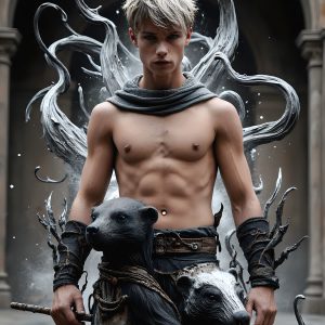 AI male art photos with a fantastical atmosphere. Imagine a Hogwarts School of Witchcraft student, from the Harry Potter series, a handsome, beautiful, and attractive, shirtless young teenage boy, standing firm against a threat. With a detailed Hogwarts castle background, casting a powerful spell, conjuring creatures based on their assigned house crest. From Demonic snakes, powerful lions, fierce badgers, or a murder of Crows. Dementors floating ominously in a cloudy sky, and sparks, shadows, and cinematic lighting, offering an otherworldly vibe.