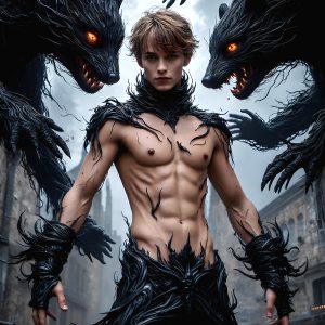 AI male art photos with a fantastical atmosphere. Imagine a Hogwarts School of Witchcraft student, from the Harry Potter series, a handsome, beautiful, and attractive, shirtless young teenage boy, standing firm against a threat. With a detailed Hogwarts castle background, casting a powerful spell, conjuring creatures based on their assigned house crest. From Demonic snakes, powerful lions, fierce badgers, or a murder of Crows. Dementors floating ominously in a cloudy sky, and sparks, shadows, and cinematic lighting, offering an otherworldly vibe.