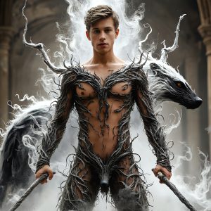 AI male art photos with a fantastical atmosphere. Imagine a Hogwarts School of Witchcraft student, from the Harry Potter series, a handsome, beautiful, and attractive, shirtless young teenage boy, standing firm against a threat. With a detailed Hogwarts castle background, casting a powerful spell, conjuring creatures based on their assigned house crest. From Demonic snakes, powerful lions, fierce badgers, or a murder of Crows. Dementors floating ominously in a cloudy sky, and sparks, shadows, and cinematic lighting, offering an otherworldly vibe.