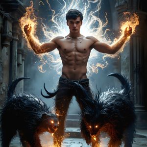 AI male art photos with a fantastical atmosphere. Imagine a Hogwarts School of Witchcraft student, from the Harry Potter series, a handsome, beautiful, and attractive, shirtless young teenage boy, standing firm against a threat. With a detailed Hogwarts castle background, casting a powerful spell, conjuring creatures based on their assigned house crest. From Demonic snakes, powerful lions, fierce badgers, or a murder of Crows. Dementors floating ominously in a cloudy sky, and sparks, shadows, and cinematic lighting, offering an otherworldly vibe.