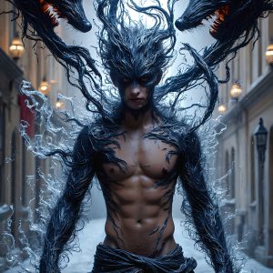 AI male art photos with a fantastical atmosphere. Imagine a Hogwarts School of Witchcraft student, from the Harry Potter series, a handsome, beautiful, and attractive, shirtless young teenage boy, standing firm against a threat. With a detailed Hogwarts castle background, casting a powerful spell, conjuring creatures based on their assigned house crest. From Demonic snakes, powerful lions, fierce badgers, or a murder of Crows. Dementors floating ominously in a cloudy sky, and sparks, shadows, and cinematic lighting, offering an otherworldly vibe.