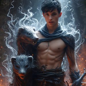 AI male art photos with a fantastical atmosphere. Imagine a Hogwarts School of Witchcraft student, from the Harry Potter series, a handsome, beautiful, and attractive, shirtless young teenage boy, standing firm against a threat. With a detailed Hogwarts castle background, casting a powerful spell, conjuring creatures based on their assigned house crest. From Demonic snakes, powerful lions, fierce badgers, or a murder of Crows. Dementors floating ominously in a cloudy sky, and sparks, shadows, and cinematic lighting, offering an otherworldly vibe.