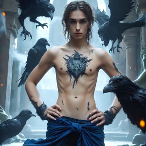 AI male art photos with a fantastical atmosphere. Imagine a Hogwarts School of Witchcraft student, from the Harry Potter series, a handsome, beautiful, and attractive, shirtless young teenage boy, standing firm against a threat. With a detailed Hogwarts castle background, casting a powerful spell, conjuring creatures based on their assigned house crest. From Demonic snakes, powerful lions, fierce badgers, or a murder of Crows. Dementors floating ominously in a cloudy sky, and sparks, shadows, and cinematic lighting, offering an otherworldly vibe.