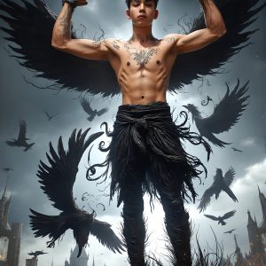 AI male art photos with a fantastical atmosphere. Imagine a Hogwarts School of Witchcraft student, from the Harry Potter series, a handsome, beautiful, and attractive, shirtless young teenage boy, standing firm against a threat. With a detailed Hogwarts castle background, casting a powerful spell, conjuring creatures based on their assigned house crest. From Demonic snakes, powerful lions, fierce badgers, or a murder of Crows. Dementors floating ominously in a cloudy sky, and sparks, shadows, and cinematic lighting, offering an otherworldly vibe.