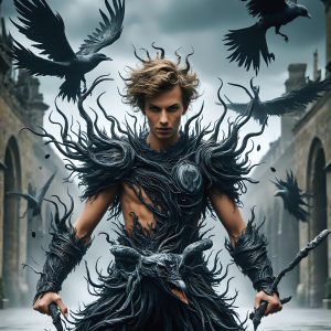 AI male art photos with a fantastical atmosphere. Imagine a Hogwarts School of Witchcraft student, from the Harry Potter series, a handsome, beautiful, and attractive, shirtless young teenage boy, standing firm against a threat. With a detailed Hogwarts castle background, casting a powerful spell, conjuring creatures based on their assigned house crest. From Demonic snakes, powerful lions, fierce badgers, or a murder of Crows. Dementors floating ominously in a cloudy sky, and sparks, shadows, and cinematic lighting, offering an otherworldly vibe.