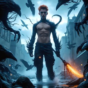 AI male art photos with a fantastical atmosphere. Imagine a Hogwarts School of Witchcraft student, from the Harry Potter series, a handsome, beautiful, and attractive, shirtless young teenage boy, standing firm against a threat. With a detailed Hogwarts castle background, casting a powerful spell, conjuring creatures based on their assigned house crest. From Demonic snakes, powerful lions, fierce badgers, or a murder of Crows. Dementors floating ominously in a cloudy sky, and sparks, shadows, and cinematic lighting, offering an otherworldly vibe.