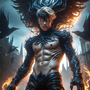 AI male art photos with a fantastical atmosphere. Imagine a Hogwarts School of Witchcraft student, from the Harry Potter series, a handsome, beautiful, and attractive, shirtless young teenage boy, standing firm against a threat. With a detailed Hogwarts castle background, casting a powerful spell, conjuring creatures based on their assigned house crest. From Demonic snakes, powerful lions, fierce badgers, or a murder of Crows. Dementors floating ominously in a cloudy sky, and sparks, shadows, and cinematic lighting, offering an otherworldly vibe.