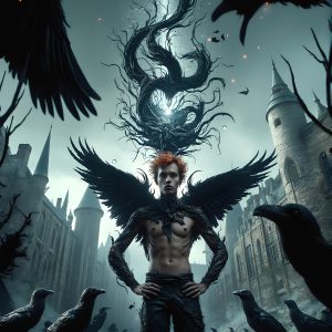 AI male art photos with a fantastical atmosphere. Imagine a Hogwarts School of Witchcraft student, from the Harry Potter series, a handsome, beautiful, and attractive, shirtless young teenage boy, standing firm against a threat. With a detailed Hogwarts castle background, casting a powerful spell, conjuring creatures based on their assigned house crest. From Demonic snakes, powerful lions, fierce badgers, or a murder of Crows. Dementors floating ominously in a cloudy sky, and sparks, shadows, and cinematic lighting, offering an otherworldly vibe.