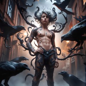 AI male art photos with a fantastical atmosphere. Imagine a Hogwarts School of Witchcraft student, from the Harry Potter series, a handsome, beautiful, and attractive, shirtless young teenage boy, standing firm against a threat. With a detailed Hogwarts castle background, casting a powerful spell, conjuring creatures based on their assigned house crest. From Demonic snakes, powerful lions, fierce badgers, or a murder of Crows. Dementors floating ominously in a cloudy sky, and sparks, shadows, and cinematic lighting, offering an otherworldly vibe.