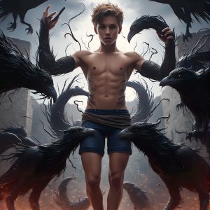 AI male art photos with a fantastical atmosphere. Imagine a Hogwarts School of Witchcraft student, from the Harry Potter series, a handsome, beautiful, and attractive, shirtless young teenage boy, standing firm against a threat. With a detailed Hogwarts castle background, casting a powerful spell, conjuring creatures based on their assigned house crest. From Demonic snakes, powerful lions, fierce badgers, or a murder of Crows. Dementors floating ominously in a cloudy sky, and sparks, shadows, and cinematic lighting, offering an otherworldly vibe.