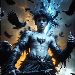 AI male art photos with a fantastical atmosphere. Imagine a Hogwarts School of Witchcraft student, from the Harry Potter series, a handsome, beautiful, and attractive, shirtless young teenage boy, standing firm against a threat. With a detailed Hogwarts castle background, casting a powerful spell, conjuring creatures based on their assigned house crest. From Demonic snakes, powerful lions, fierce badgers, or a murder of Crows. Dementors floating ominously in a cloudy sky, and sparks, shadows, and cinematic lighting, offering an otherworldly vibe.